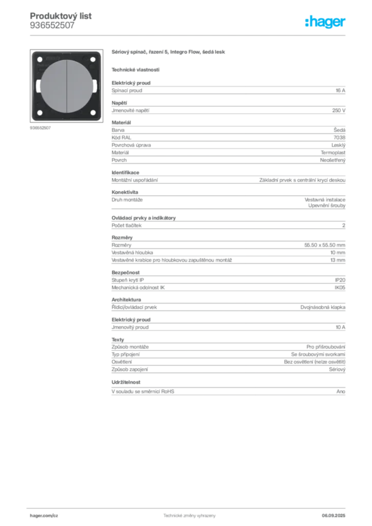 Obrázek Hager Produktový list 936552507 | Hager