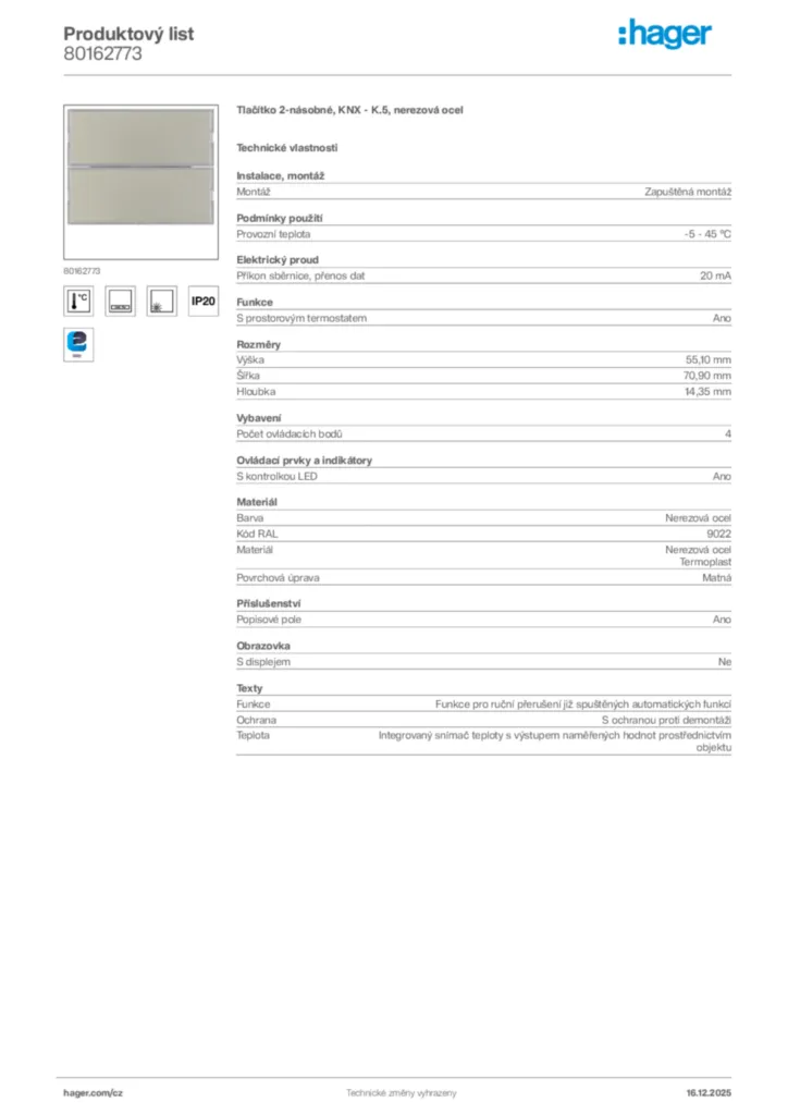 Obrázek Hager Produktový list 80162773 | Hager