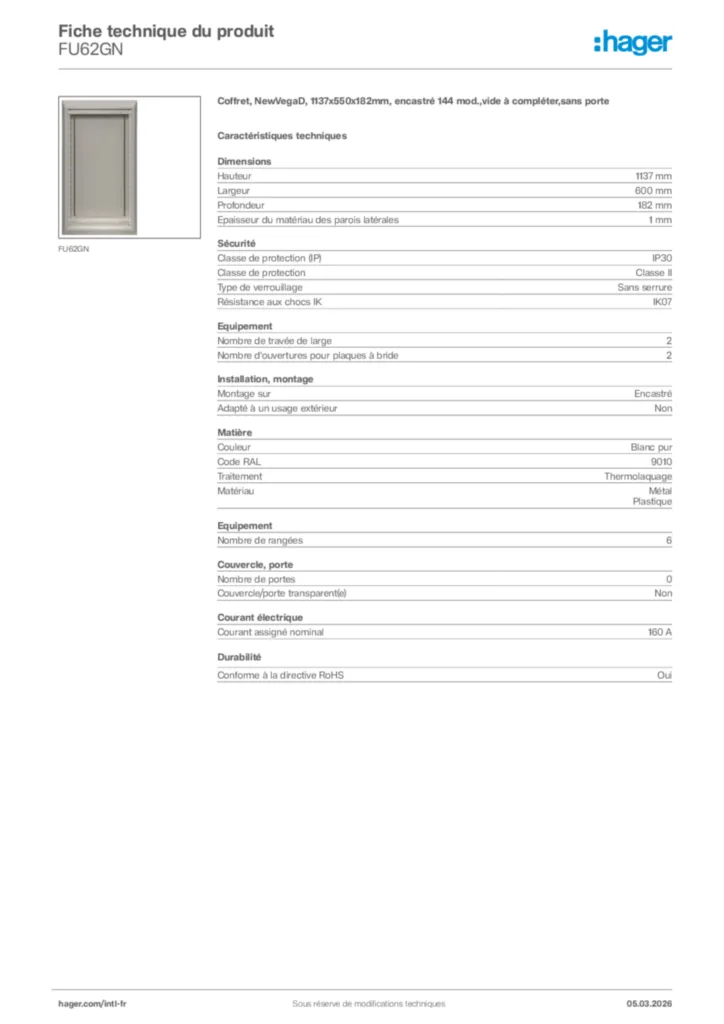 Image Hager Fiche technique du produit FU62GN | Hager Afrique