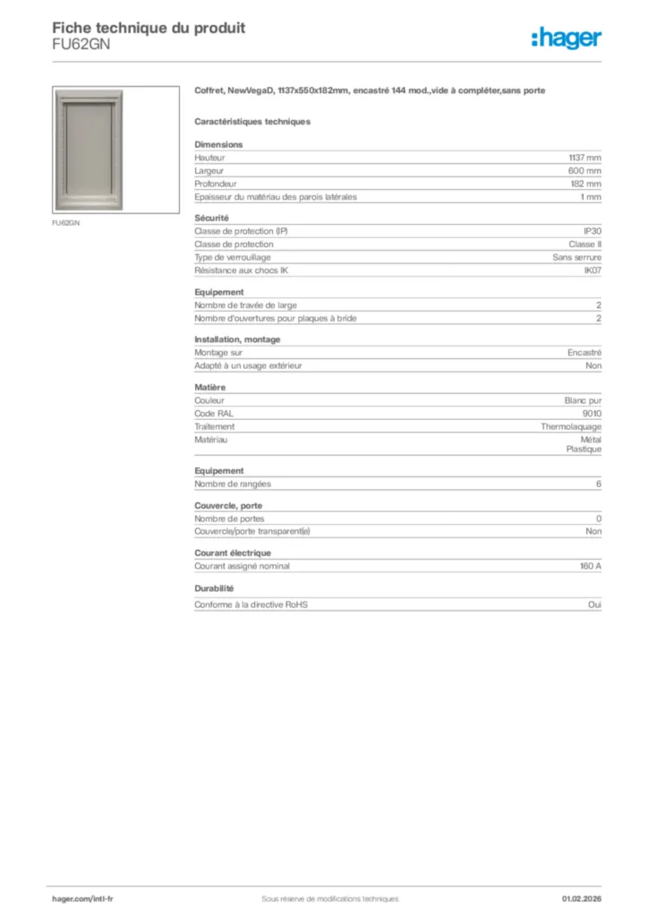 Image Hager Fiche technique du produit FU62GN | Hager Afrique