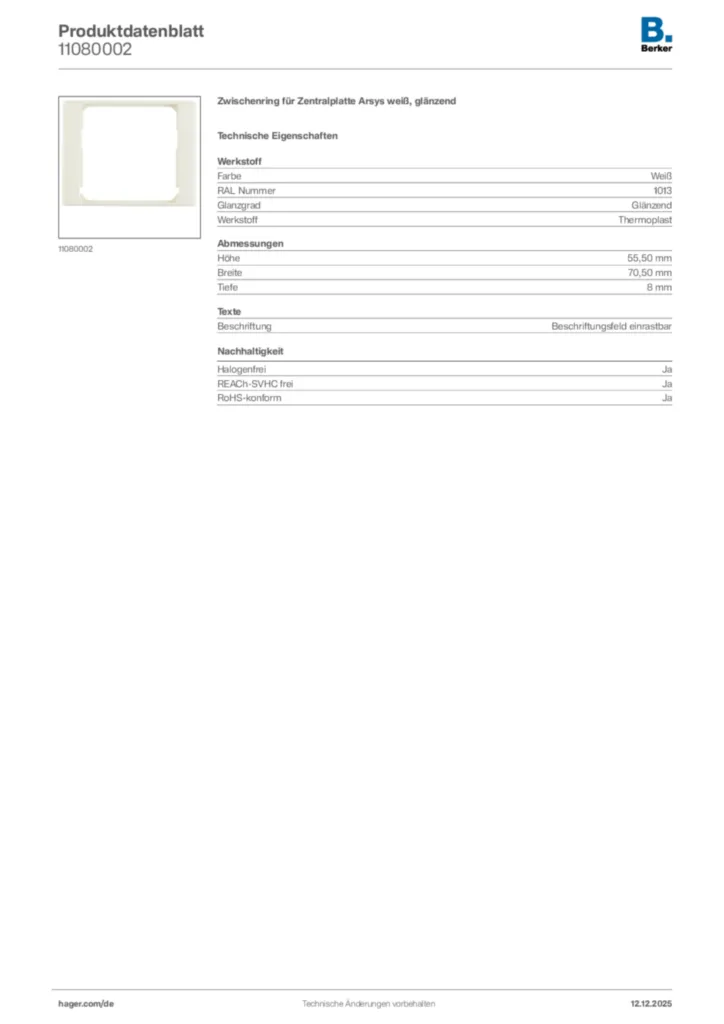 Bild Berker Produktdatenblatt 11080002 | Hager Deutschland