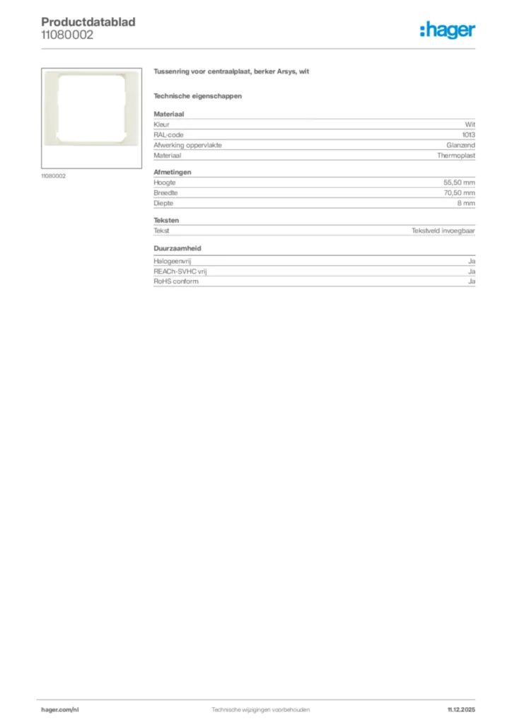 Afbeelding Hager Productdatablad 11080002 | Hager Nederland