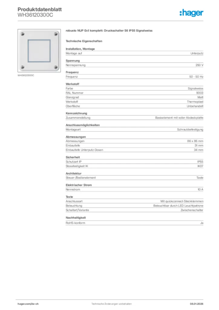 Bild Hager Produktdatenblatt WH36120300C | Hager Schweiz