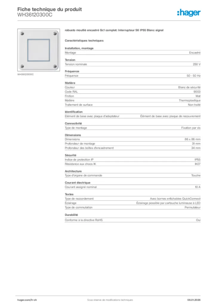 Image Hager Fiche technique du produit WH36120300C | Hager Suisse