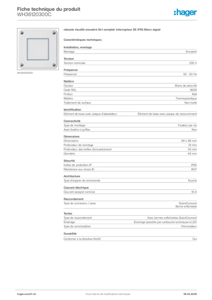 Image Hager Fiche technique du produit WH36120300C | Hager Suisse