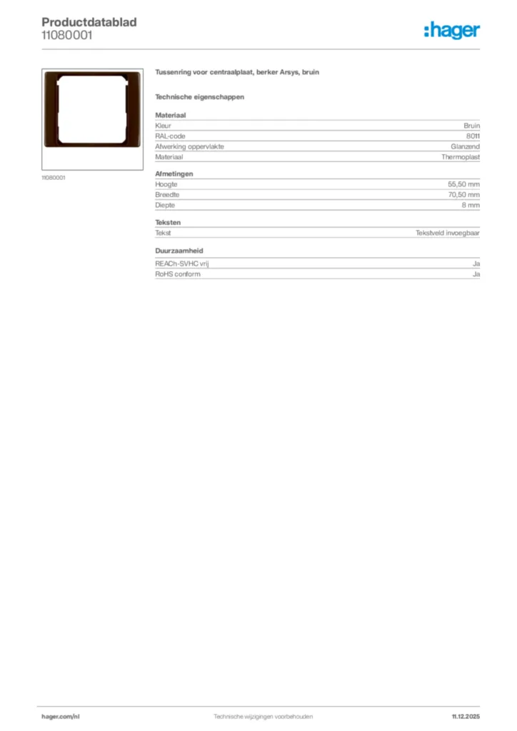 Afbeelding Hager Productdatablad 11080001 | Hager Nederland