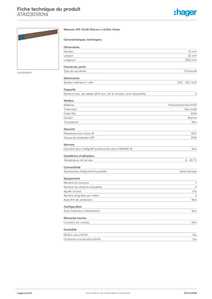 Image Hager Fiche technique du produit ATA123018014 | Hager France