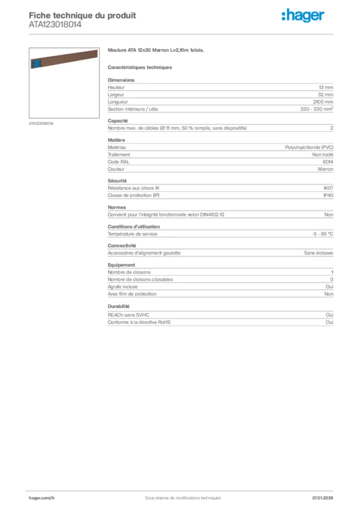 Image Hager Fiche technique du produit ATA123018014 | Hager France