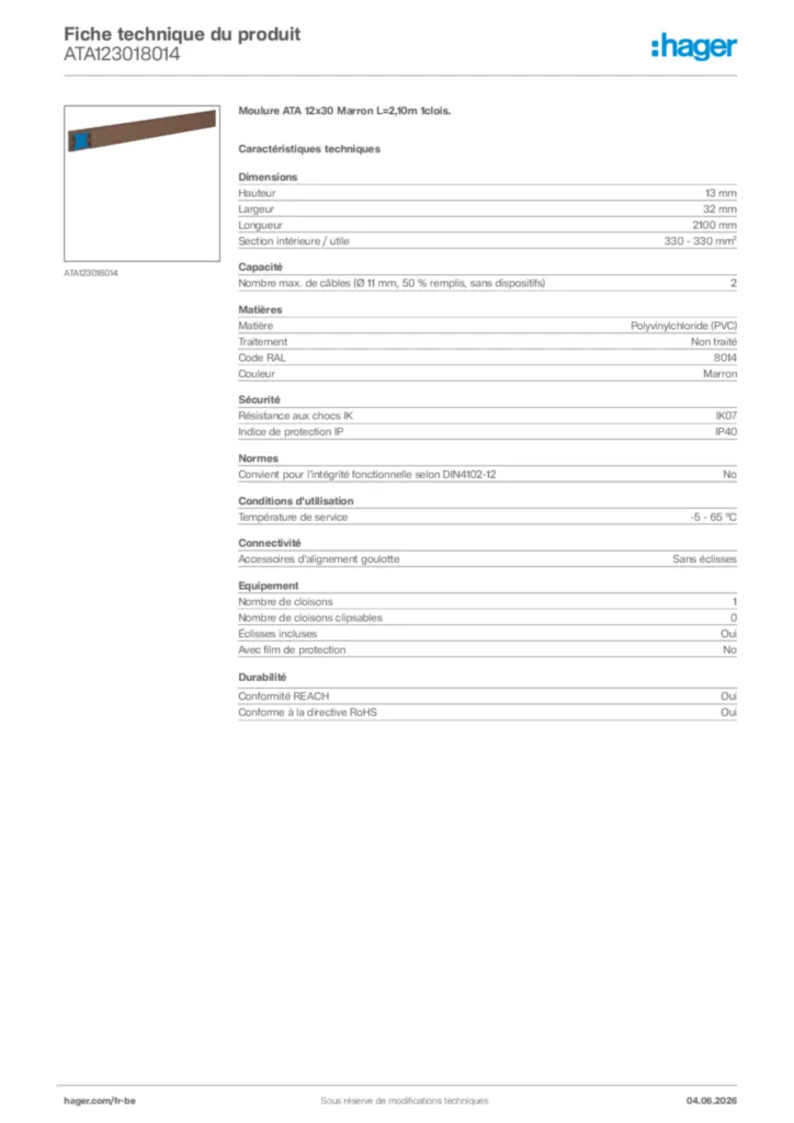 Image Hager Fiche technique du produit ATA123018014 | Hager Belgique