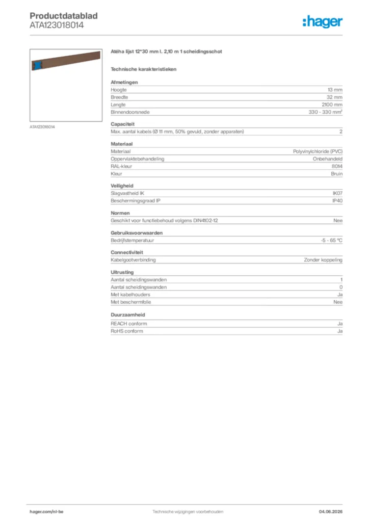 Afbeelding Hager Productdatablad ATA123018014 | Hager Belgium