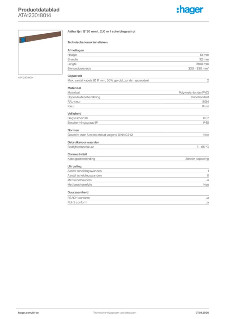 Afbeelding Hager Productdatablad ATA123018014 | Hager Belgium