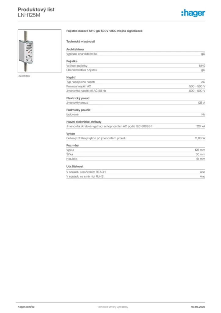 Obrázek Hager Product data sheet LNH125M | Hager