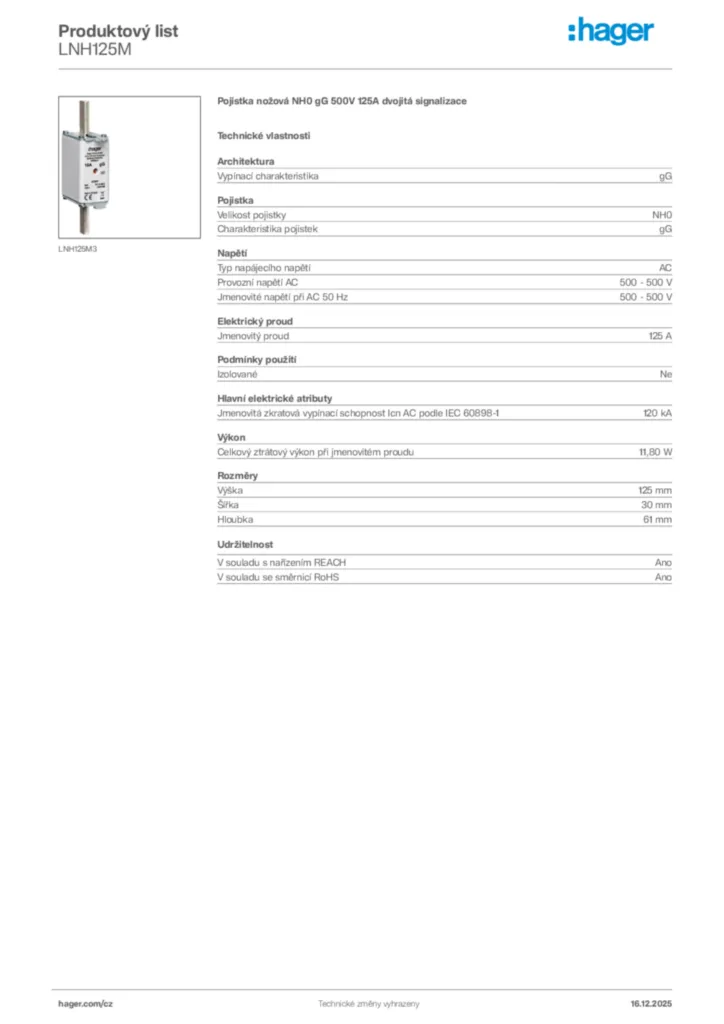 Obrázek Hager Produktový list LNH125M | Hager