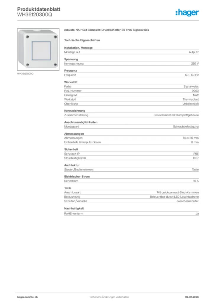 Bild Hager Produktdatenblatt WH36120300Q | Hager Schweiz