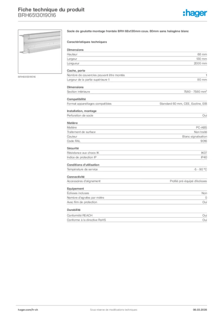 Image Hager Fiche technique du produit BRH6513019016 | Hager Suisse