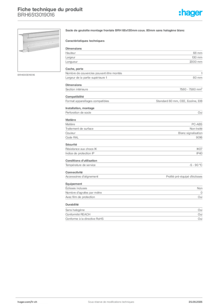Image Hager Fiche technique du produit BRH6513019016 | Hager Suisse