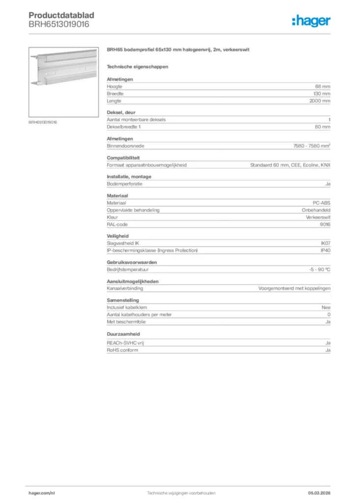 Afbeelding Hager Productdatablad BRH6513019016 | Hager Nederland