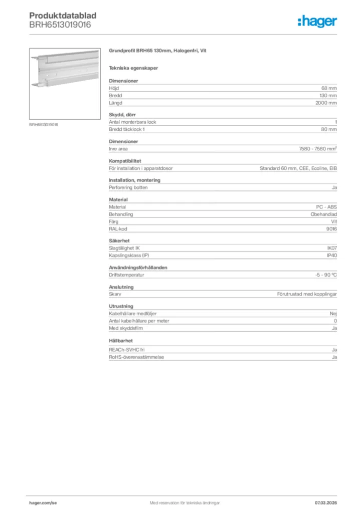 Bild Hager Produktdatablad BRH6513019016 | Hager Sverige