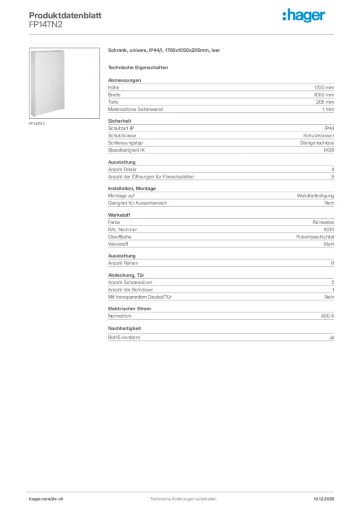 Bild Hager Produktdatenblatt FP14TN2 | Hager Schweiz