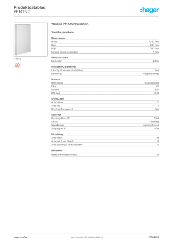 Bild Hager Produktdatablad FP14TN2 | Hager Sverige