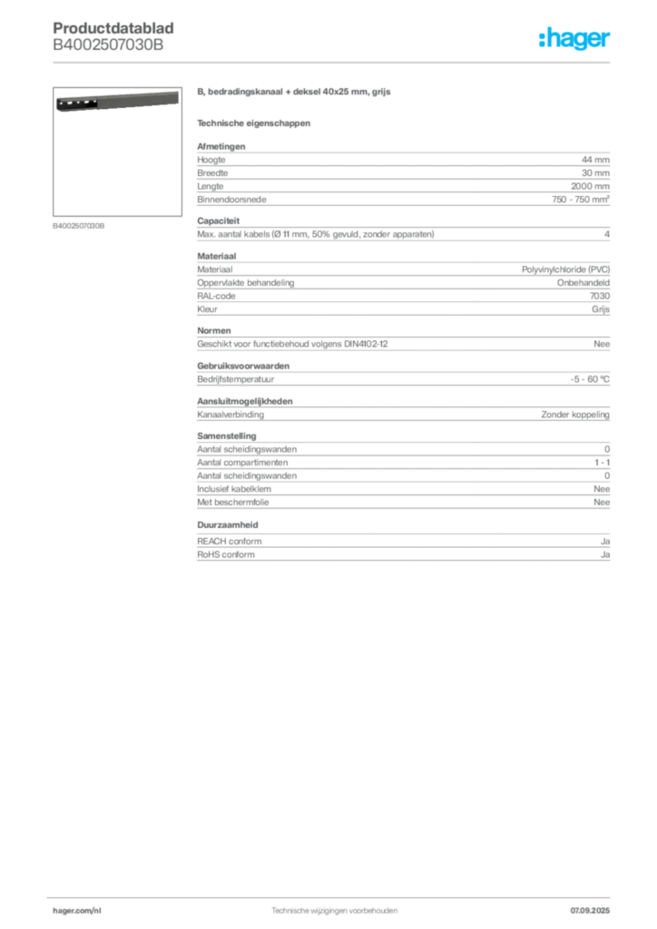 Afbeelding Hager Productdatablad B4002507030B | Hager Nederland