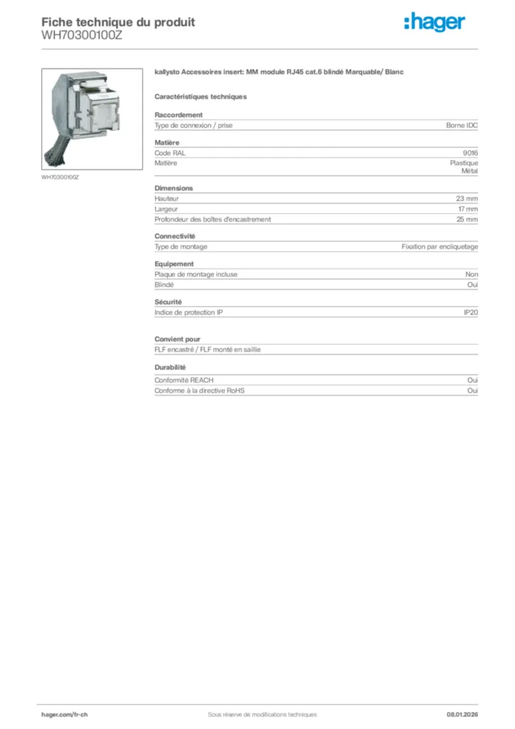 Image Hager Fiche technique du produit WH70300100Z | Hager Suisse