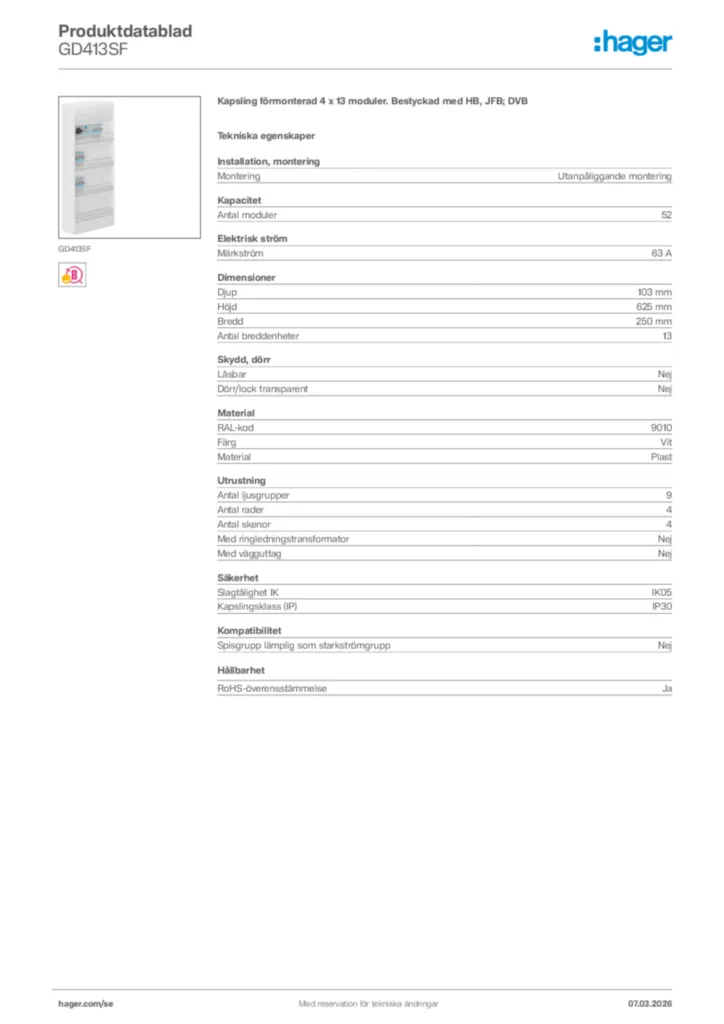 Bild Hager Produktdatablad GD413SF | Hager Sverige
