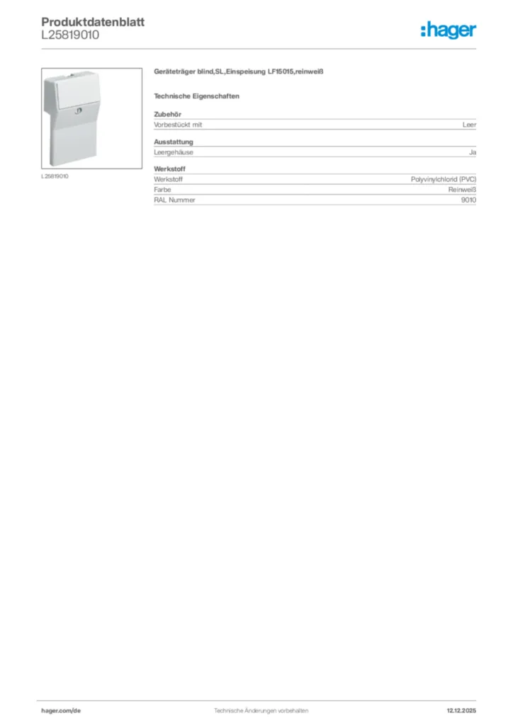 Bild Hager Produktdatenblatt L25819010 | Hager Deutschland