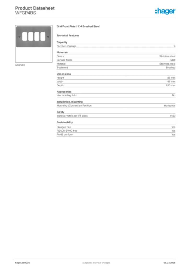 Image Hager Product data sheet WFGP4BS  | Hager
