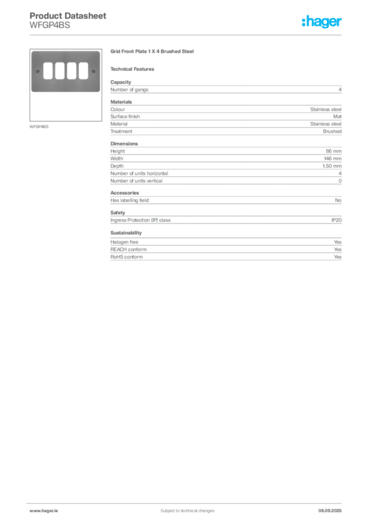 Image Hager Product data sheet WFGP4BS  | Hager