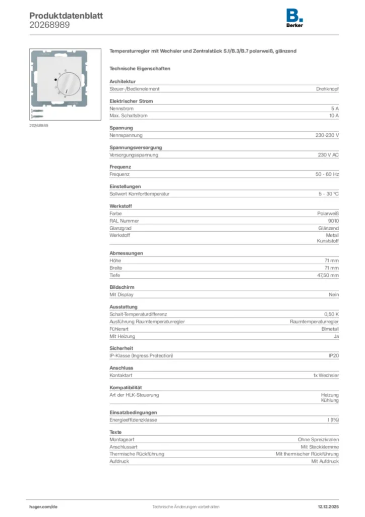 Bild Berker Produktdatenblatt 20268989 | Hager Deutschland