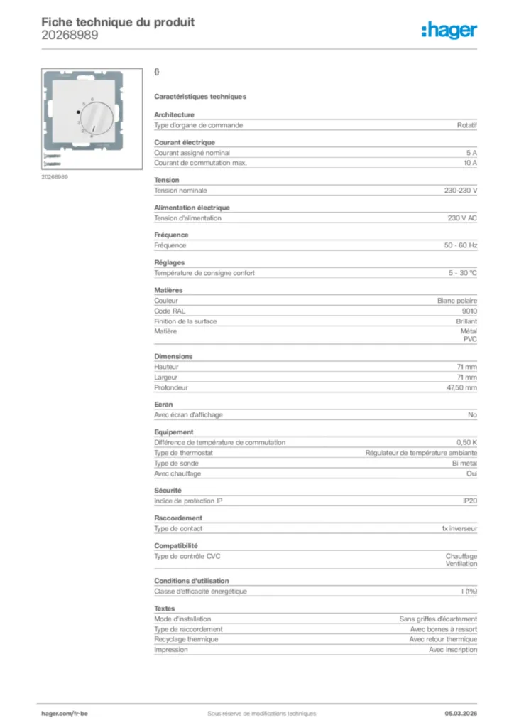 Image Hager Fiche technique du produit 20268989 | Hager Belgique