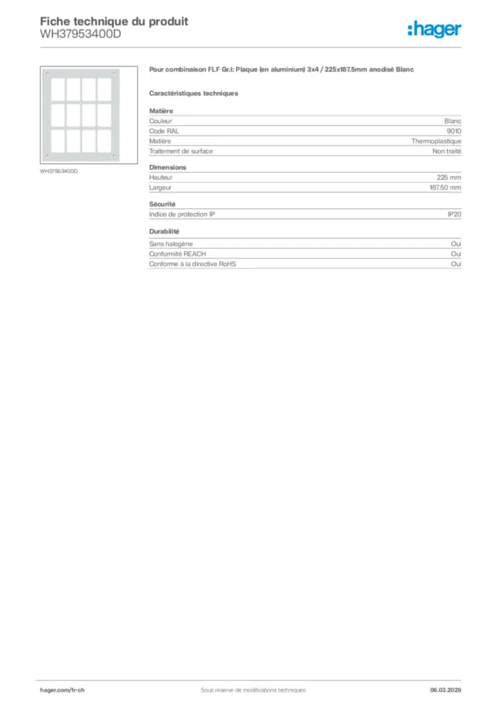 Image Hager Fiche technique du produit WH37953400D | Hager Suisse
