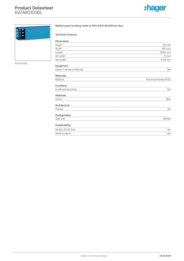 Image Hager Product data sheet BA7A80100BL  | Hager Africa