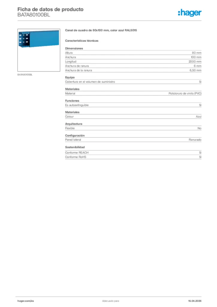 Imagen Hager Ficha de datos de producto BA7A80100BL | Hager España