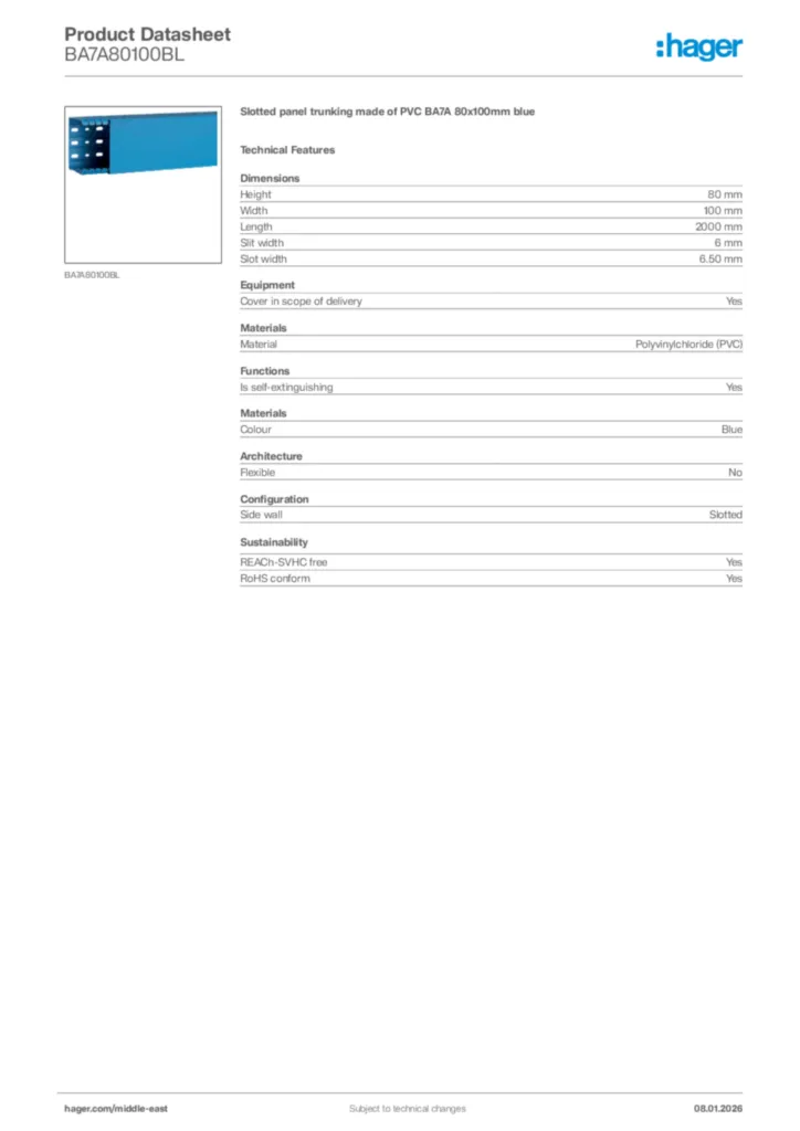 Image Hager Product data sheet BA7A80100BL  | Hager