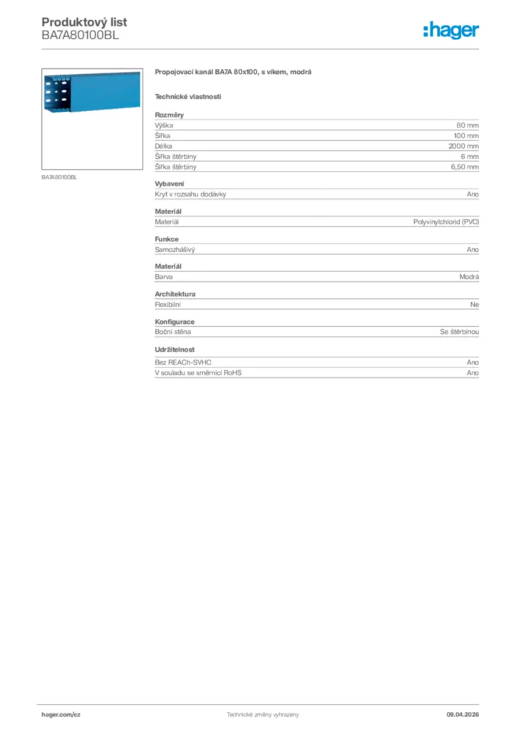 Obrázek Hager Product data sheet BA7A80100BL | Hager