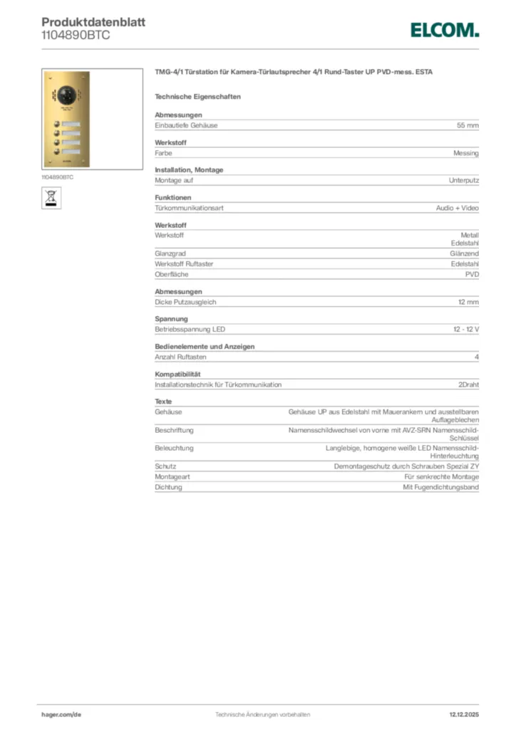 Bild Elcom Produktdatenblatt 1104890BTC | Hager Deutschland
