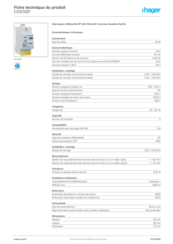 Image Hager Fiche technique du produit CDS742F | Hager France