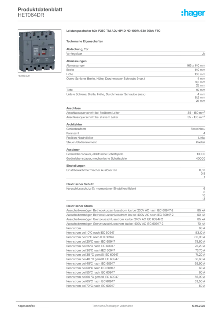 Bild Hager Produktdatenblatt HET064DR | Hager Deutschland