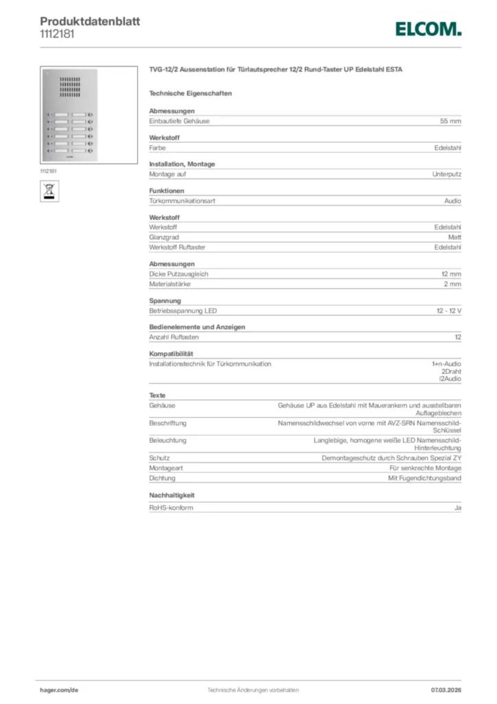 Bild Elcom Produktdatenblatt 1112181 | Hager Deutschland