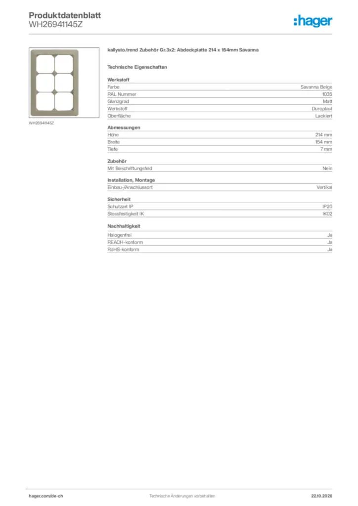 Bild Hager Produktdatenblatt WH26941145Z | Hager Schweiz