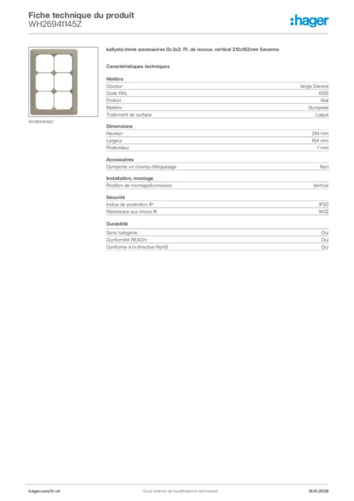 Image Hager Fiche technique du produit WH26941145Z | Hager Suisse