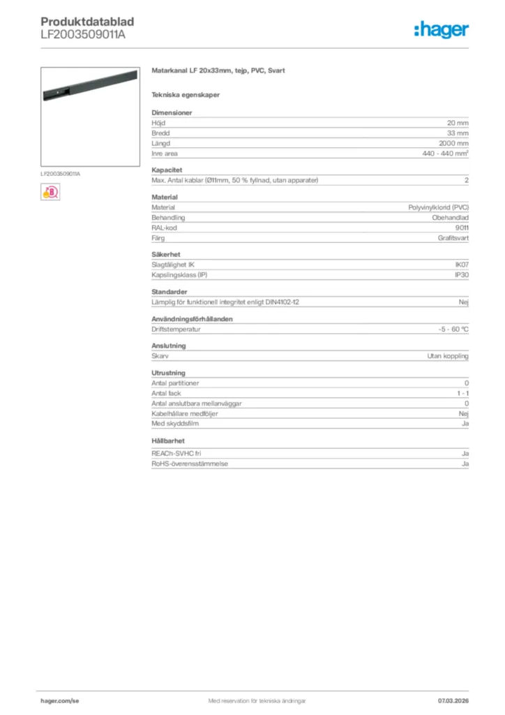 Bild Hager Produktdatablad LF2003509011A | Hager Sverige