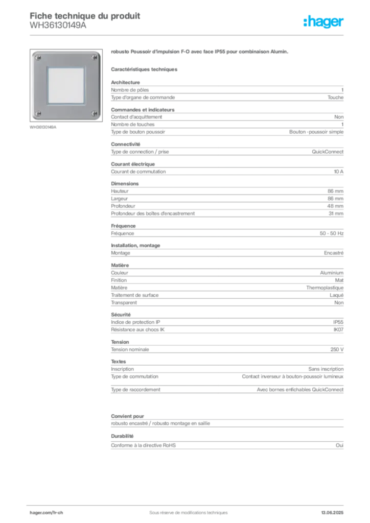Image Hager Fiche technique du produit WH36130149A | Hager Suisse