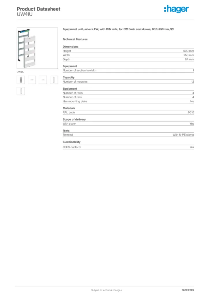Image Hager Product data sheet UW41U  | Hager Africa