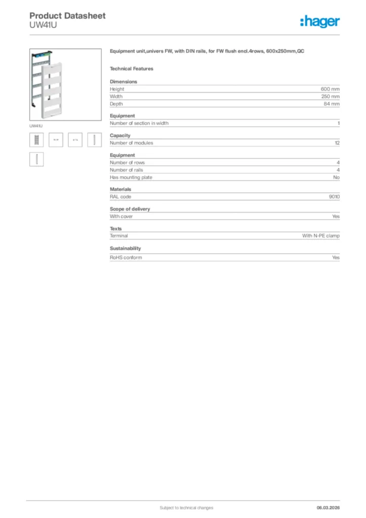 Image Hager Product data sheet UW41U  | Hager Africa