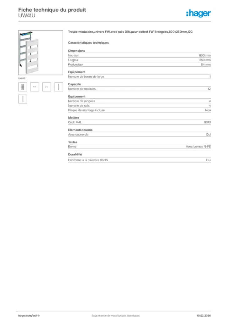 Image Hager Fiche technique du produit UW41U | Hager Afrique