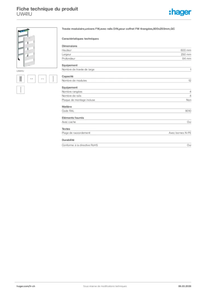 Image Hager Fiche technique du produit UW41U | Hager Suisse
