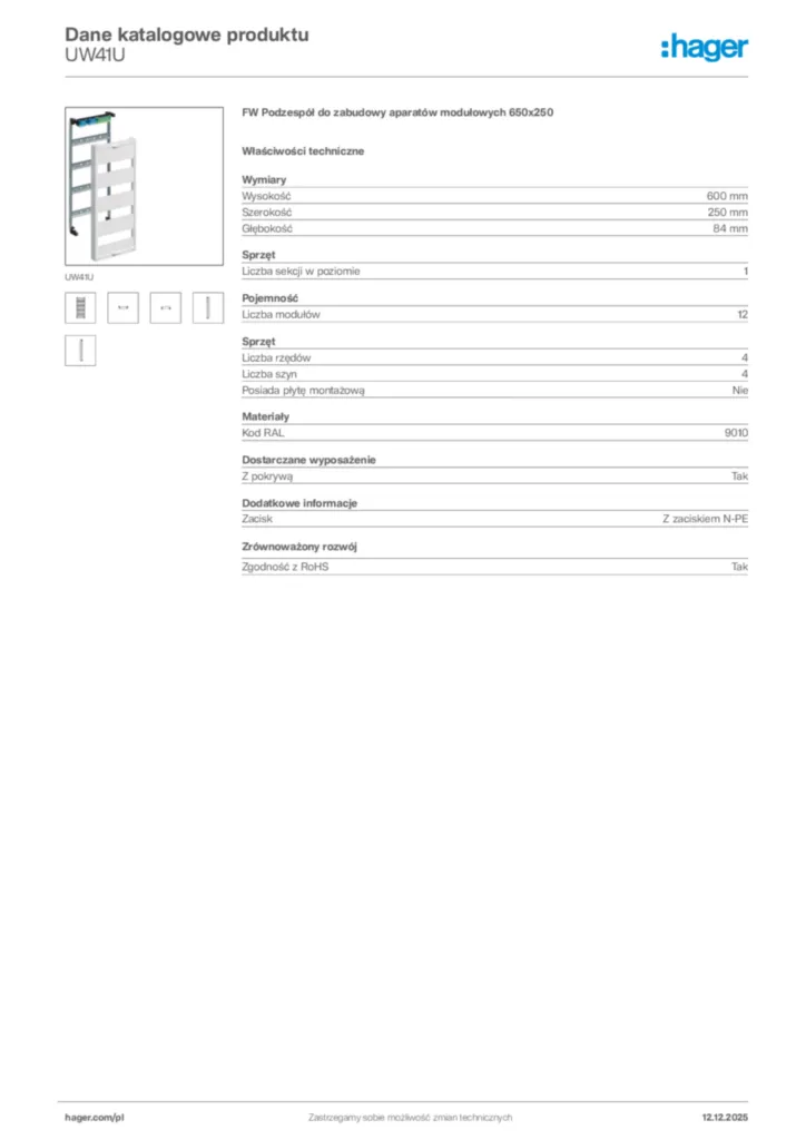 Zdjęcie Hager Karta katalogowa UW41U | Hager Polska
